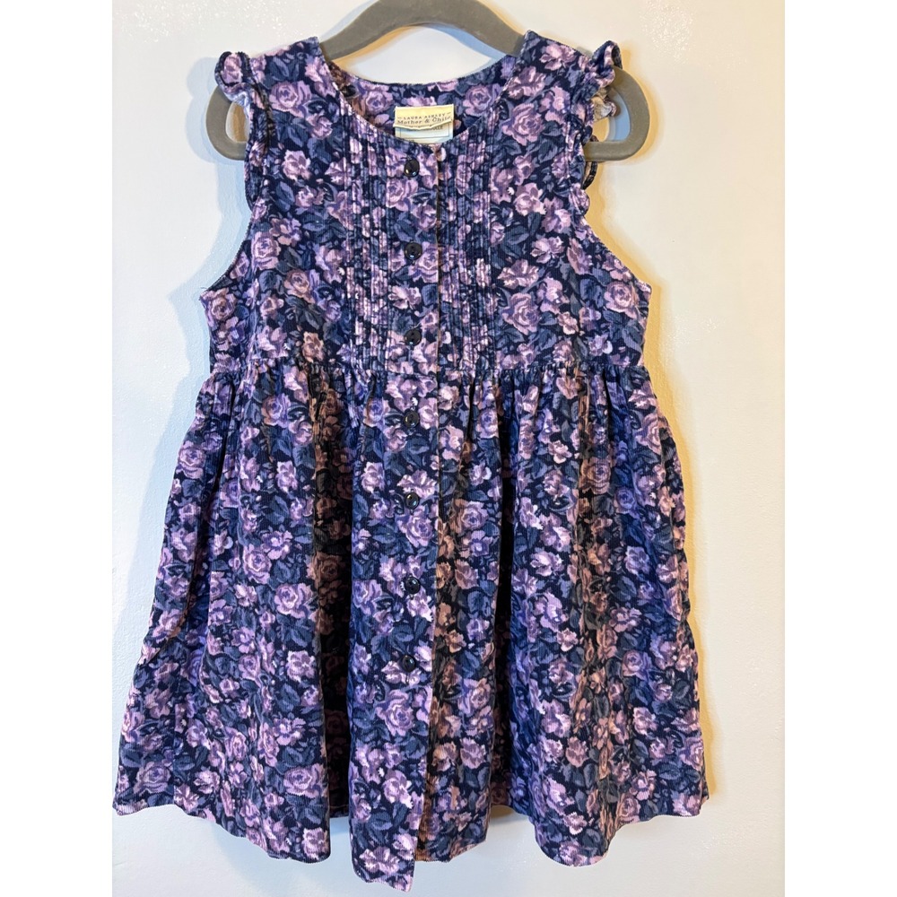 VTG Laura Ashley Blue & Lavender Floral Corduroy Jumper Dress 2T Pinafore